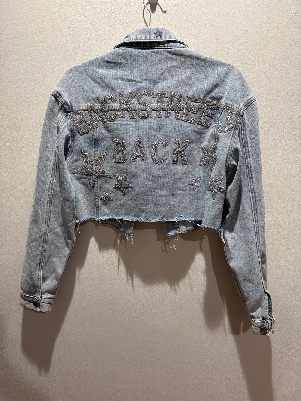 Custom Backstreet Boys Cropped Light Blue Denim Jacket with Raw Hem - Women Y2K